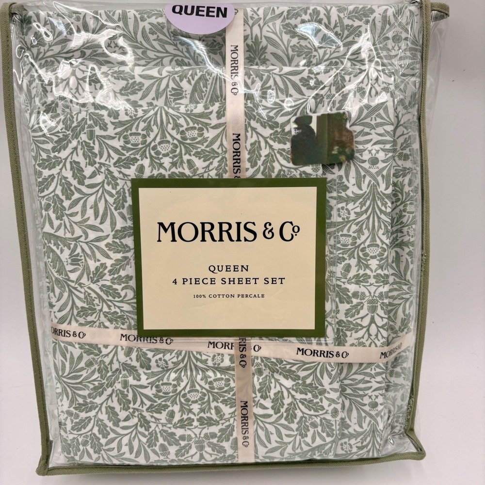 Morris & Co Queen 4 Piece Sheet Set 100% Cotton Percale Sage Green Floral Oak